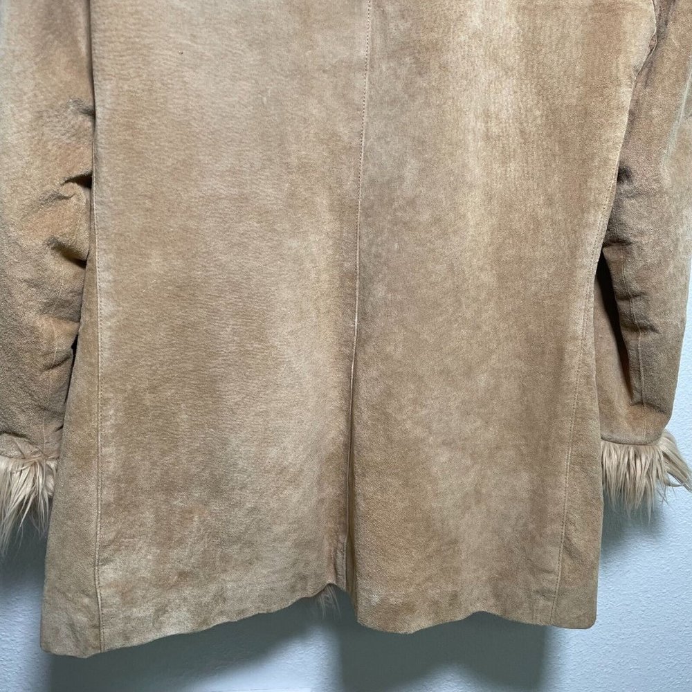 Vintage Wilson's Suede Leather Tan Faux Fur Trim Boho Y2K Coat Jacket Large JLO - Picture 7 of 12